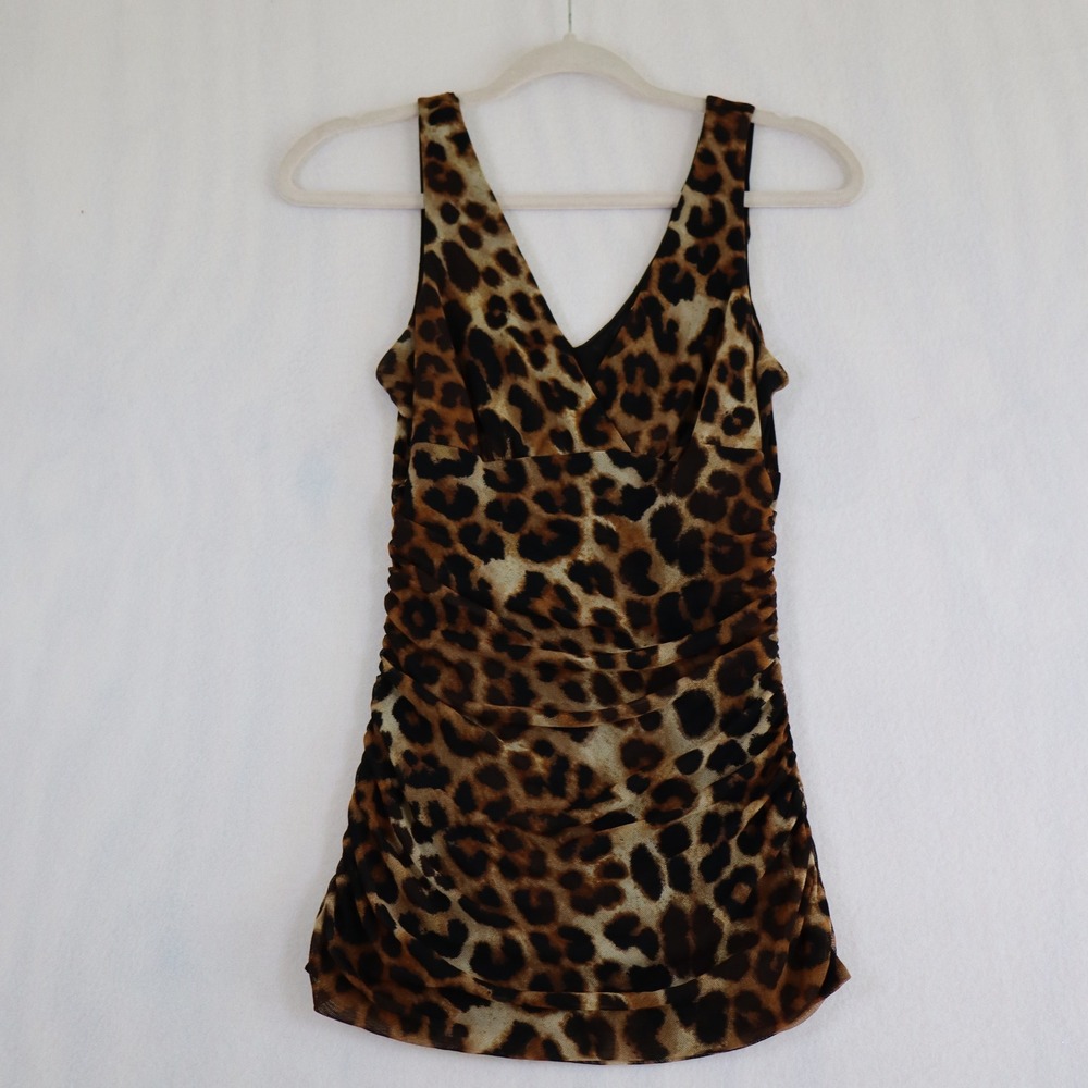 Express Leopard Print Tank Top Size Small Brown Ruched Mesh Mob Wife Y2K Grunge